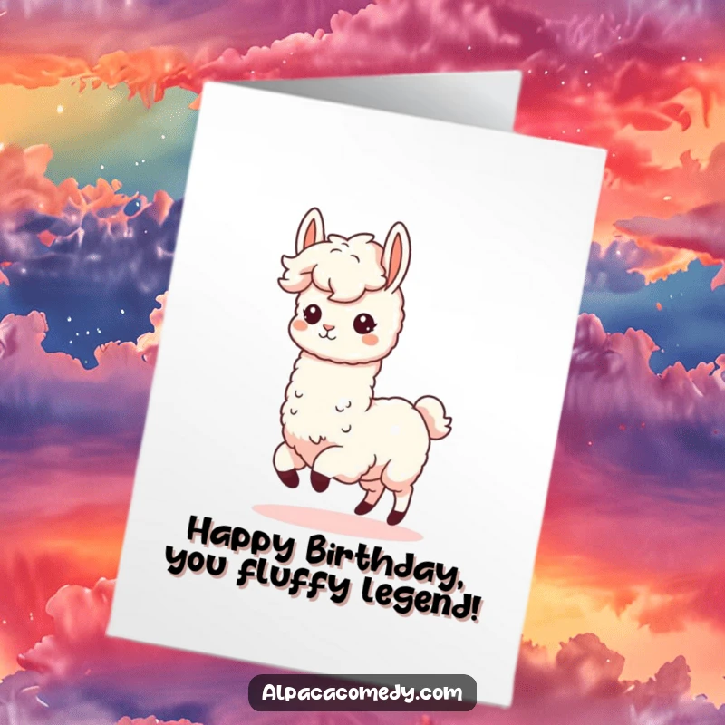 Funny Free Printable Birthday Card: Kawaii alpaca with fluffy mane prances joyfully, spreading birthday cheer, downloadable art.
