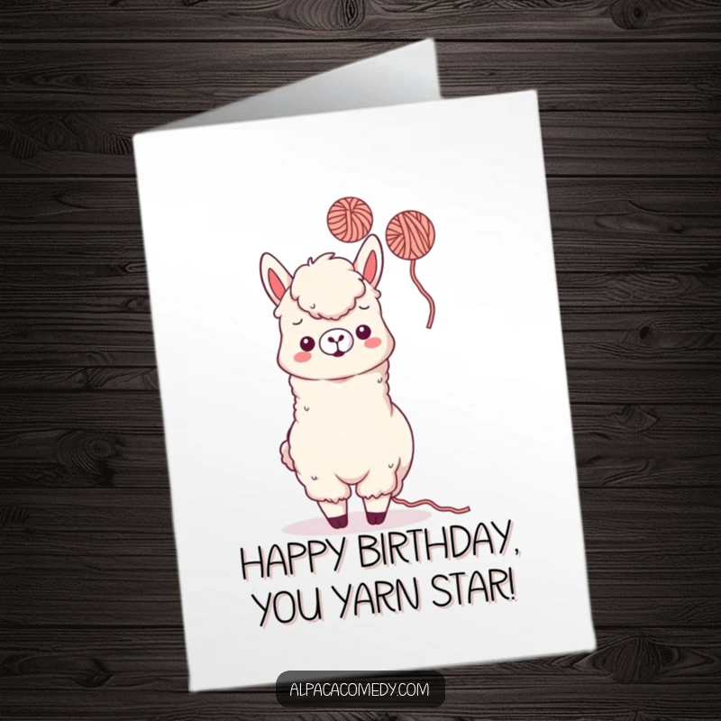 Funny Free Printable Birthday Card: Kawaii alpaca playfully tossing a ball of yarn in the air, whimsical, downloadable.
