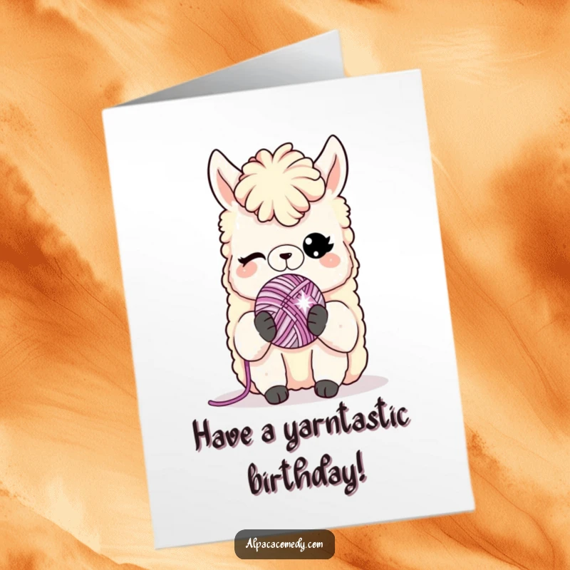 Funny Free Printable Alpaca Birthday Card: An alpaca winks playfully, holding a tiny sparkling yarn ball. Charming downloadable gift.