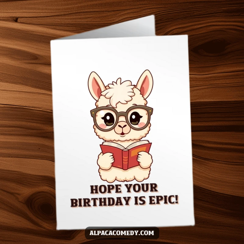 Funny Free Printable Birthday Card: a surprised alpaca wearing huge spectacles, engrossed in reading a book.