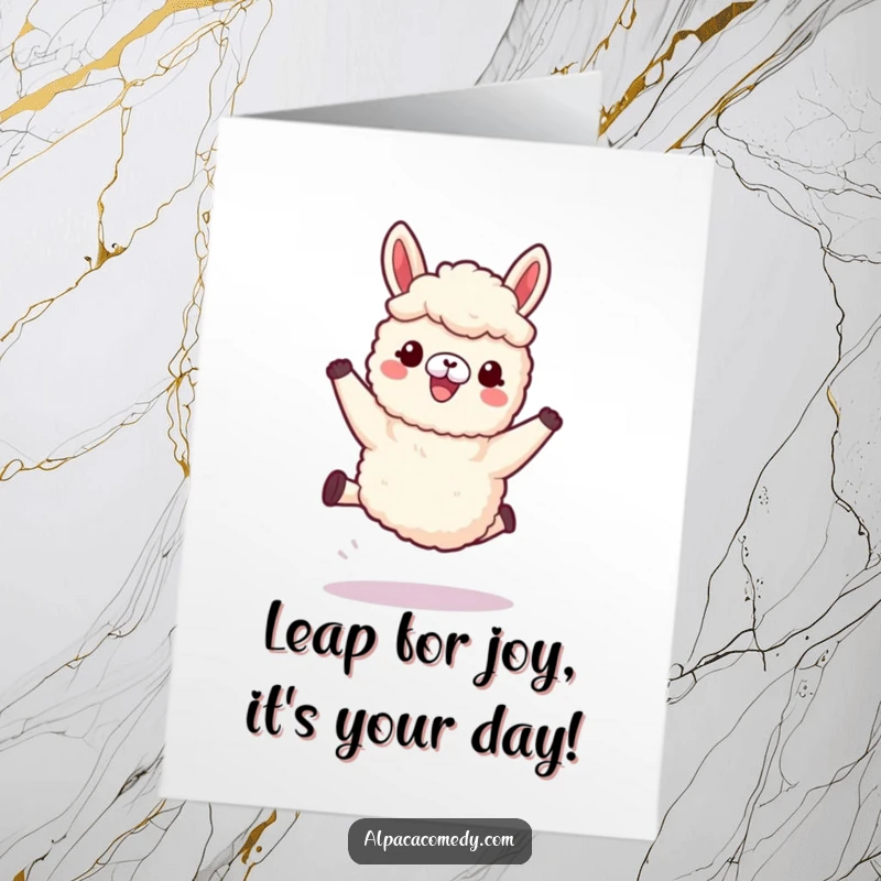 Funny Free Printable Birthday Card of a kawaii alpaca joyfully leaping high with its fluffy, woolly legs in motion.