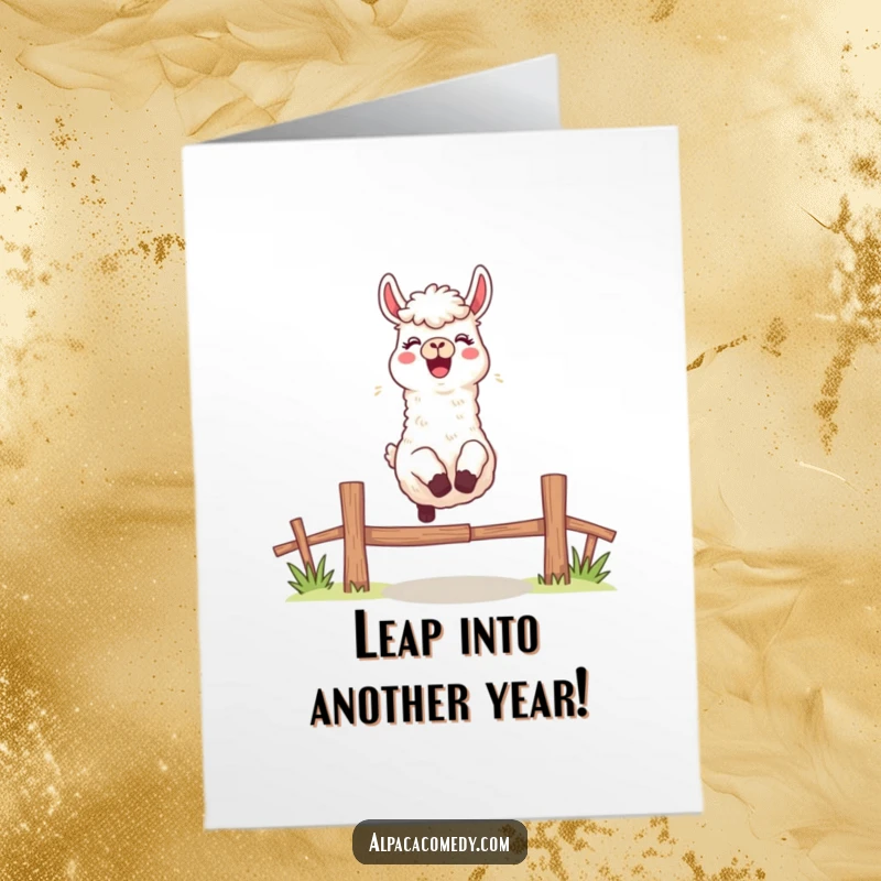 Funny Free Printable Birthday Card: Excited alpaca leaping over a fence, embodying pure birthday thrill and joy.