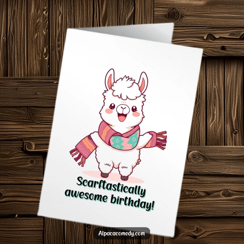 Funny Free Printable Birthday Card: Kawaii alpaca proudly displays a vibrant, woven scarf, radiating pure joy and birthday cheer.