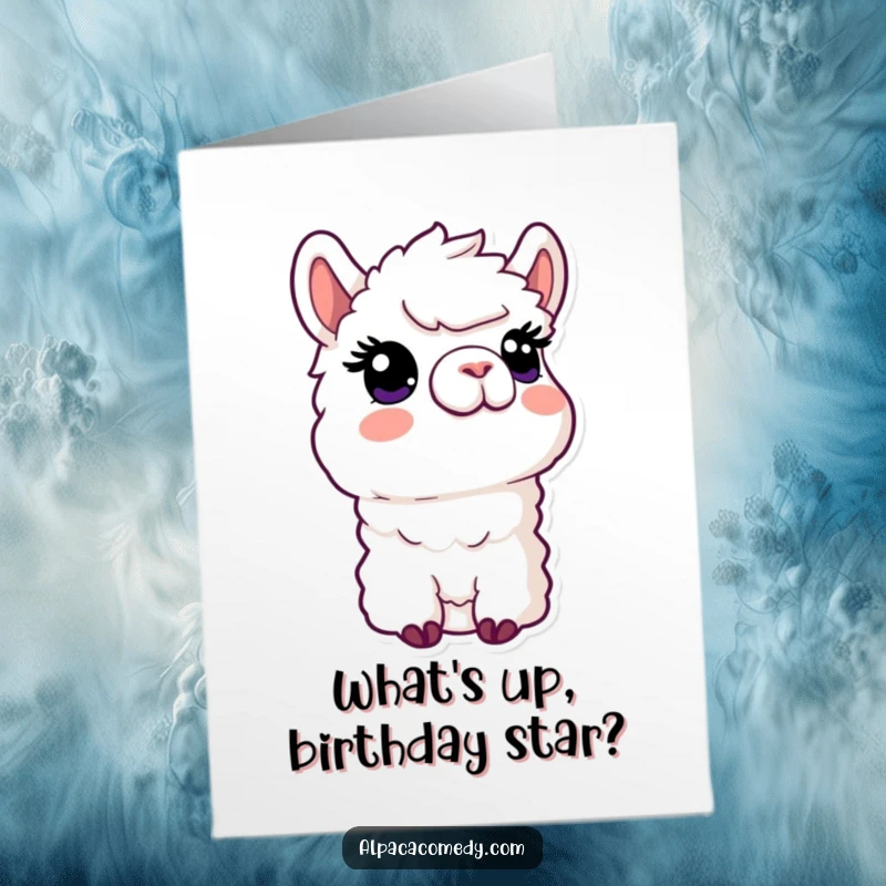 Funny Free Printable Birthday Card of a kawaii alpaca with a curious, wide-eyed expression looking upwards playfully.