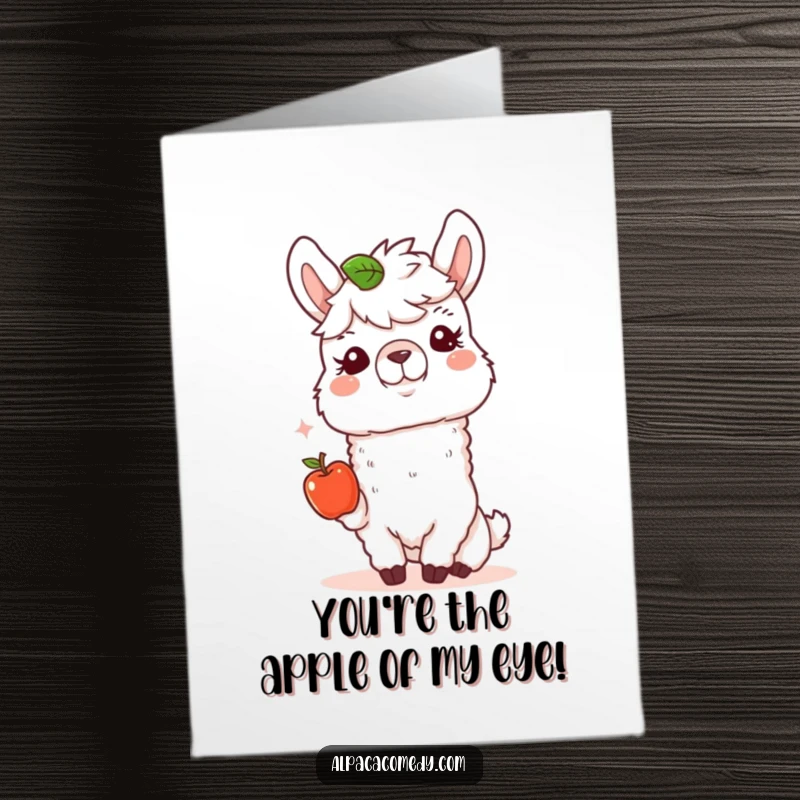 Funny Free Printable Birthday Card: a happy alpaca with a kind expression offering a tiny, freshly picked apple.