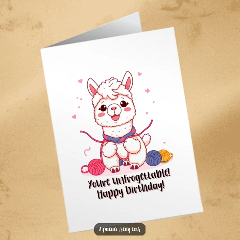 Free Printable Birthday Card: Kawaii alpaca with a warm smile enthusiastically sharing colorful yarn with unseen friends.