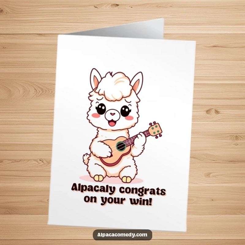 Funny Free Printable Congratulations Card: a joyful alpaca playing a miniature ukulele, celebrating your awesome success.