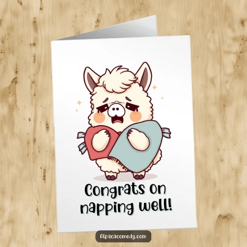 Funny Free Printable Congratulations Card: A yawning alpaca holding a blanket, conveying a sleepy sense of accomplishment. A unique greeting.