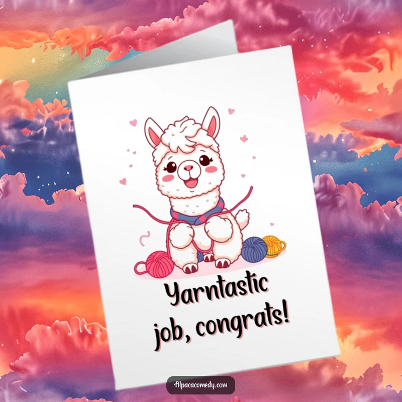 Free Printable Congrats Card: Kawaii alpaca with a warm smile, generously sharing colorful yarn, celebrating success together.