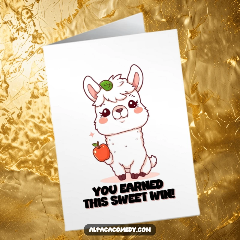 Funny Free Printable Congratulations Card: a happy alpaca with a kind smile offering a small, fresh apple.