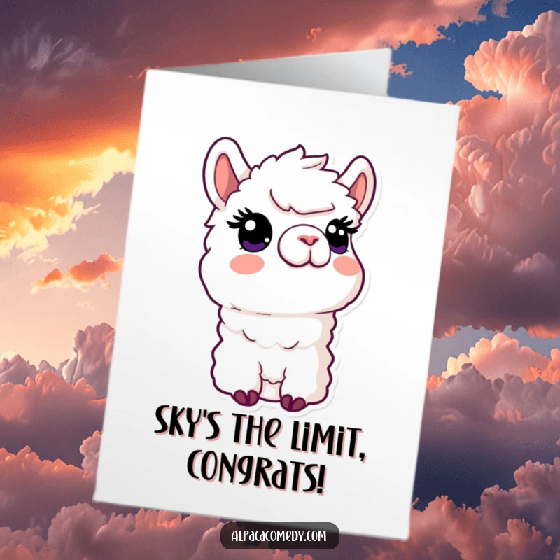 Funny Free Printable Congratulations Card of a curious kawaii alpaca with big eyes, looking intently upwards.