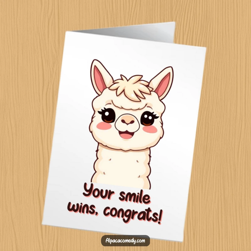 Funny Free Printable Congratulations Card: Kawaii alpaca offering a huge, welcoming smile and head tilt, celebrating success, downloadable.