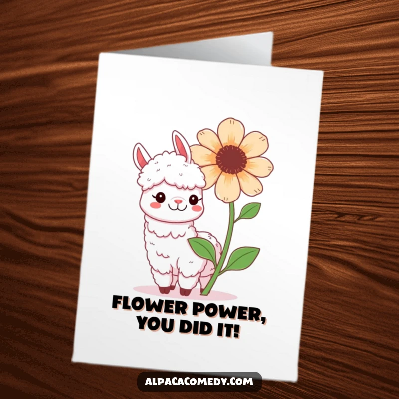 Funny Free Printable Congrats Card: A happy kawaii alpaca grins beside a large, beautiful flower, symbolizing blooming success.