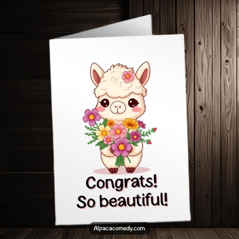 Funny Free Printable Congratulations Card: Smiling alpaca proudly offers a vibrant bouquet of flowers to celebrate an achievement.