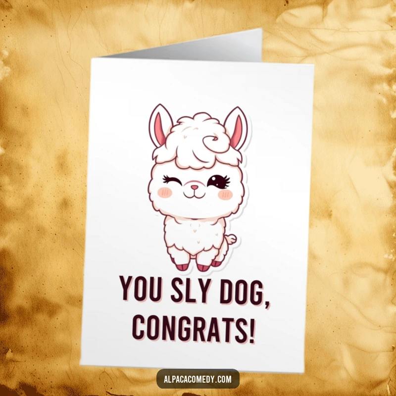 Funny Free Printable Congratulations Card of a kawaii alpaca with long eyelashes, giving a charming wink.