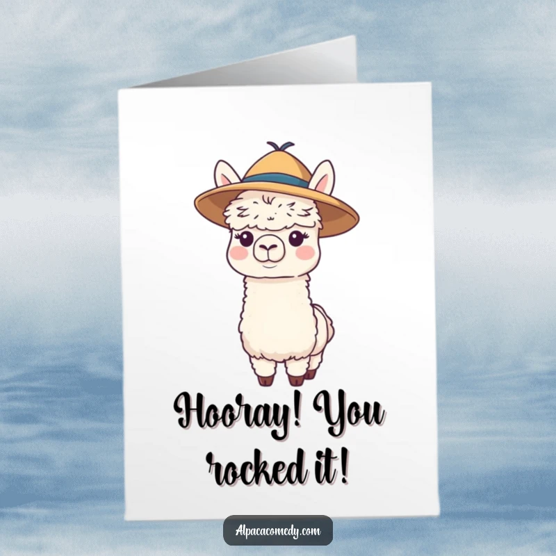 Funny Free Printable Congratulations Card: A playful alpaca sporting a floppy hat and wiggling its nose in celebration.