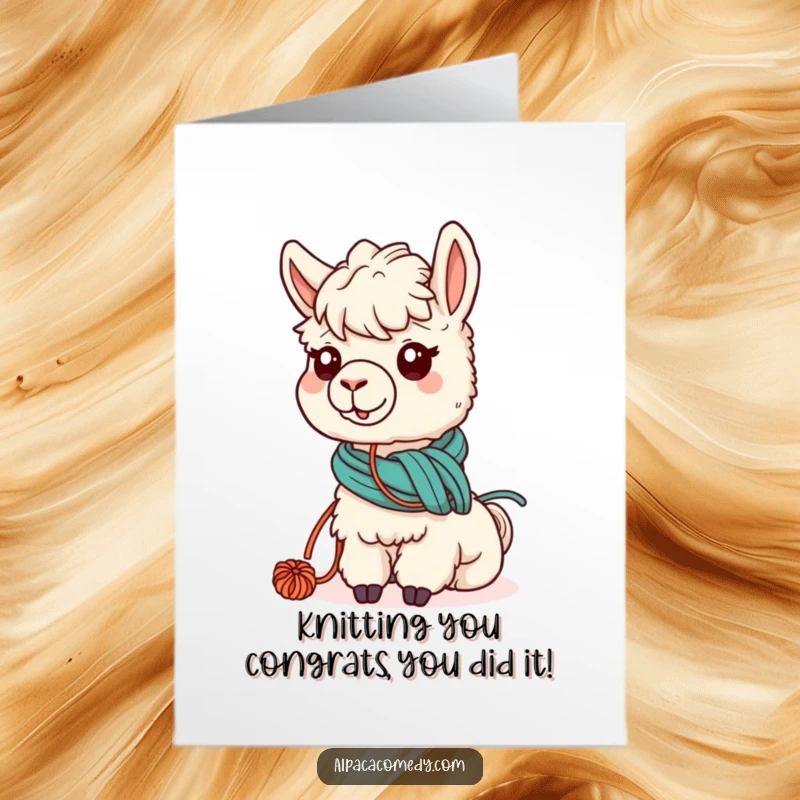 Funny Free Printable Alpaca Congratulations Card: Kawaii alpaca with yarn around neck grazing, celebrating success, a sweet downloadable gift.
