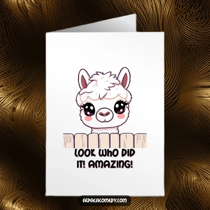 Funny Free Printable Congratulations Card: A curious alpaca with large, gentle eyes peeking inquisitively over a fence.