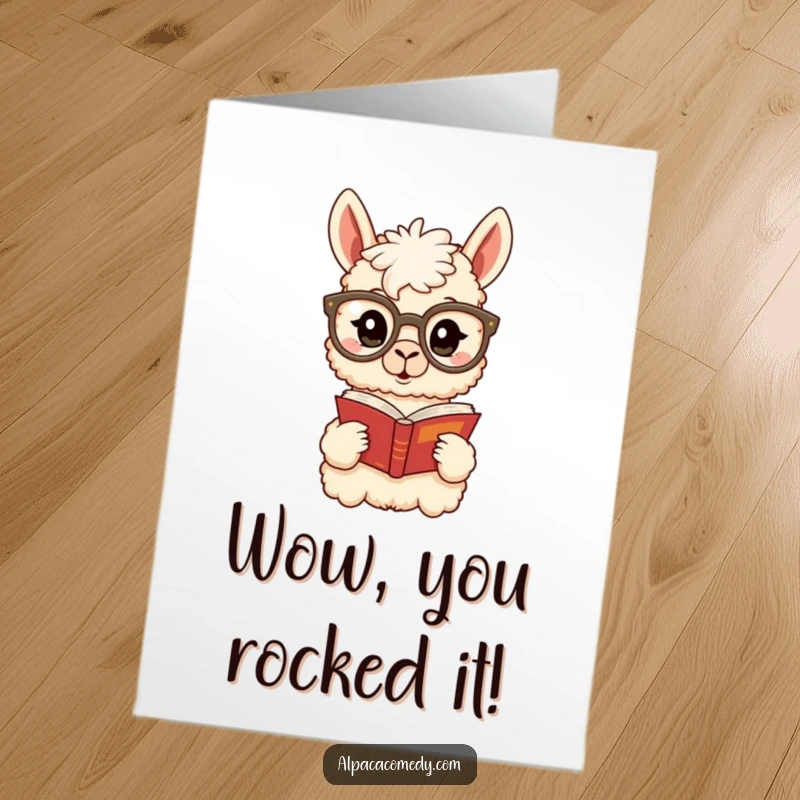Funny Free Printable Congratulations Card: a surprised alpaca with oversized glasses intensely reading a book, celebrating knowledge.