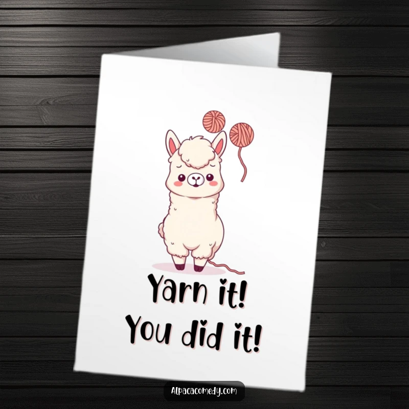 Funny Free Printable Congratulations Card: Kawaii alpaca playfully tossing yarn, celebrating success with downloadable art.