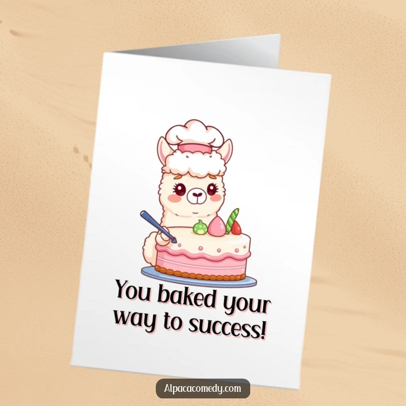 Funny Free Printable Chef Alpaca Congratulations Card: Festive alpaca chef adding final touches to a cake, perfect for print-at-home celebrations.