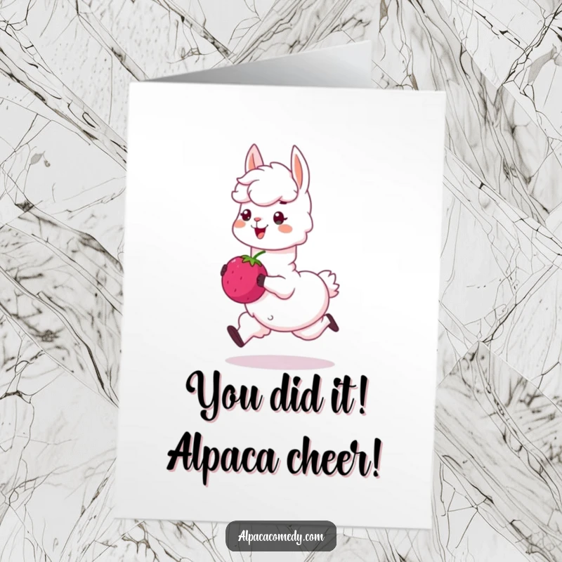 Funny Free Printable Alpaca Congratulations Card: A happy alpaca skips with a sweet berry, celebrating achievements. Ideal downloadable gift.