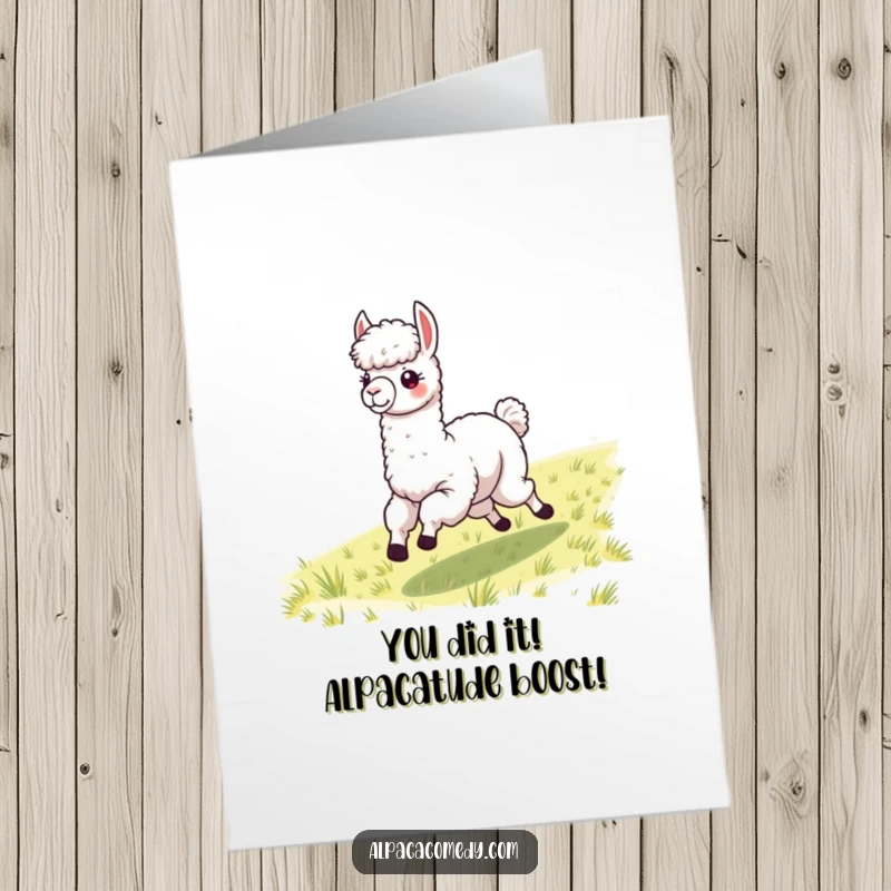 Funny Free Printable Congratulations Card: Energetic alpaca galloping with windblown fleece celebrating success with gusto.