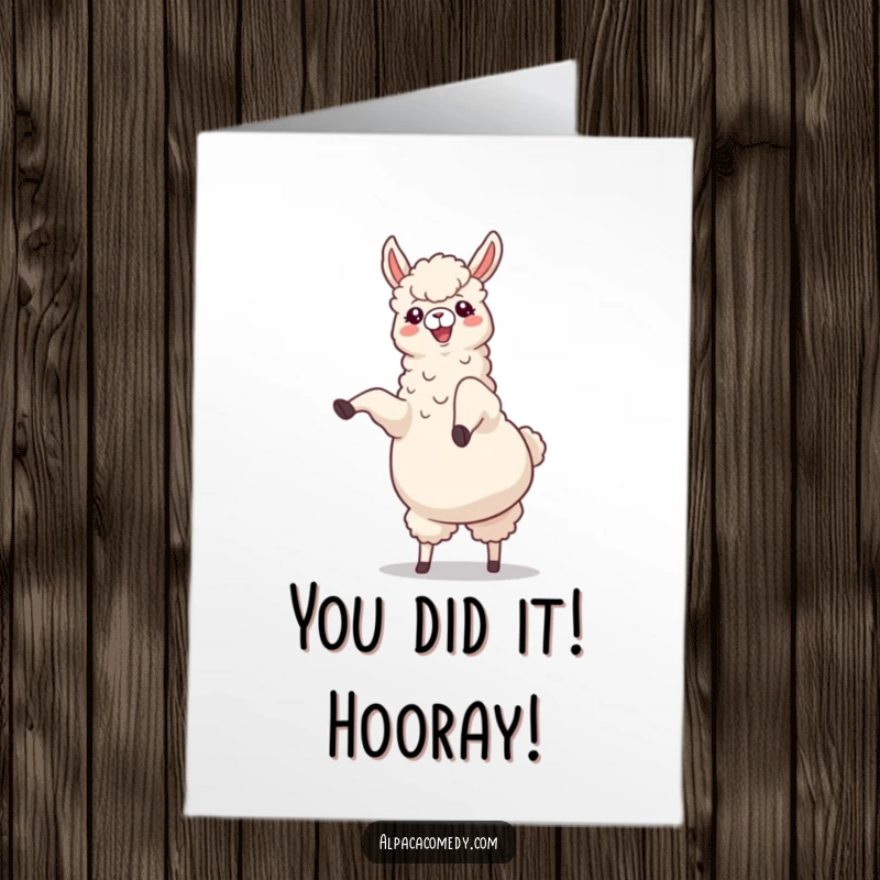Funny Free Printable Congratulations Card showing an ecstatic alpaca performing a cartwheel with legs flung high.
