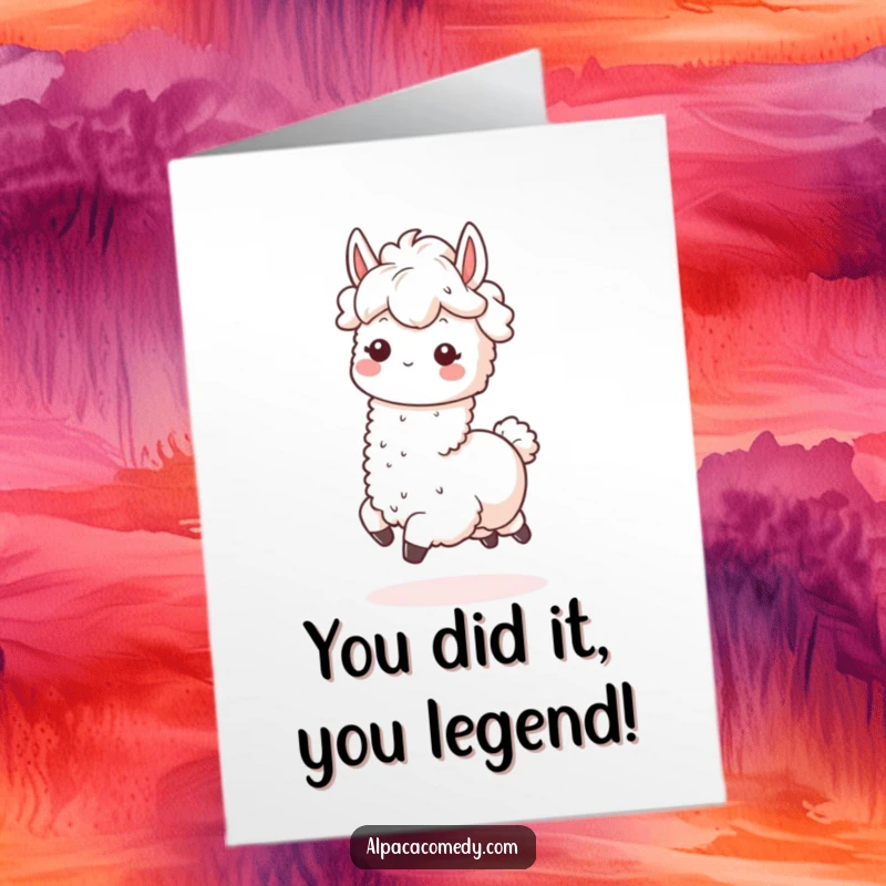 Funny Free Printable Congratulations Card of a kawaii alpaca prancing joyfully with a fluffy mane, perfect for celebrating.