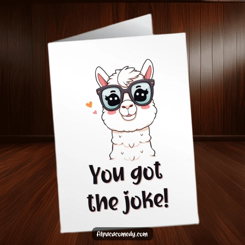 Funny Free Printable Congratulations Card featuring an alpaca wearing comedy glasses, telling a joke with a wink.