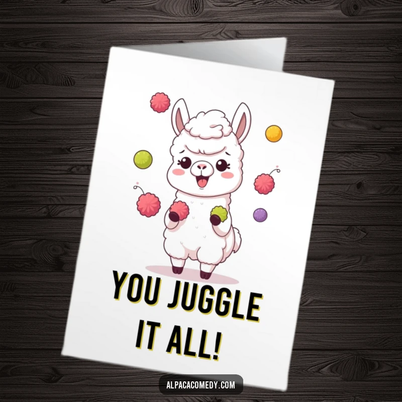 Funny Free Printable Congratulations Card: An alpaca giggling while juggling pompoms, symbolizing a triumphant and colorful achievement.
