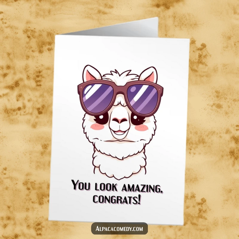 Funny Free Printable Congratulations Card: Kawaii alpaca in oversized sunglasses looking effortlessly cool, perfect for achievements, downloadable.