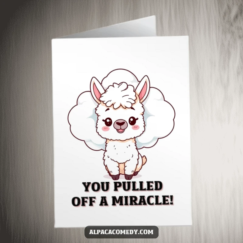 Funny Free Printable Congratulations Card: a mischievous alpaca hiding behind a fluffy cloud, playfully peeking out to celebrate.