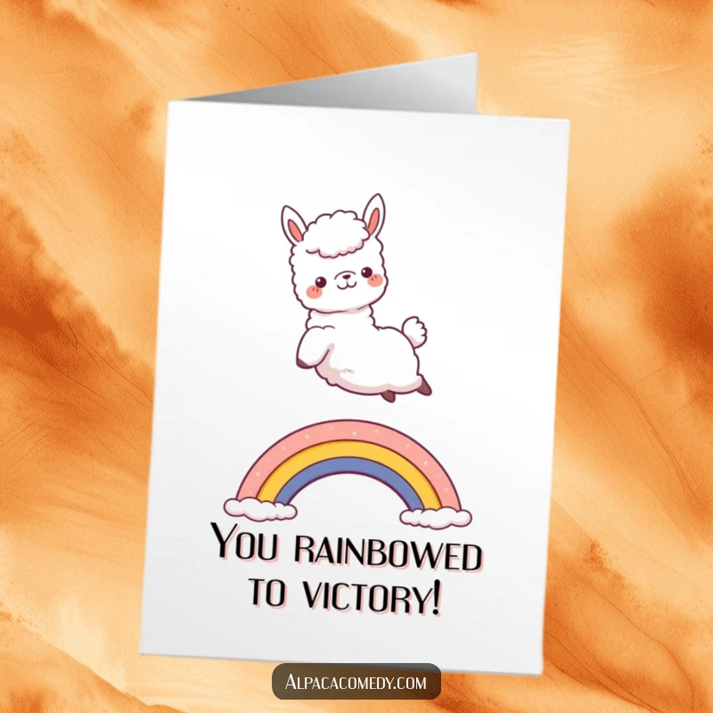 Funny Free Printable Congratulations Card: Kawaii alpaca leaping delightedly over a rainbow, celebrating success, downloadable art.