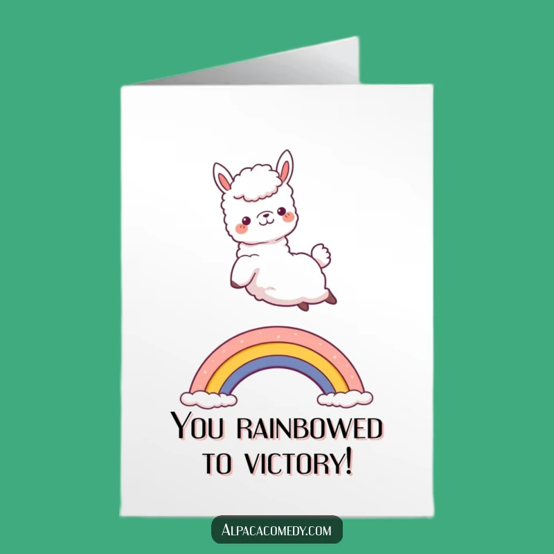 Free Printable Rainbow Alpaca Congrats Card: Jumping Kawaii Paca Over Rainbow Success