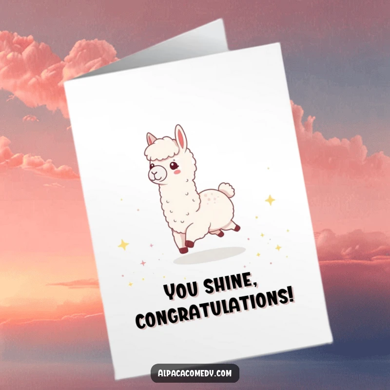 Funny Free Printable Congrats Card: A joyous kawaii alpaca skips through a field of twinkling stars, celebrating success.