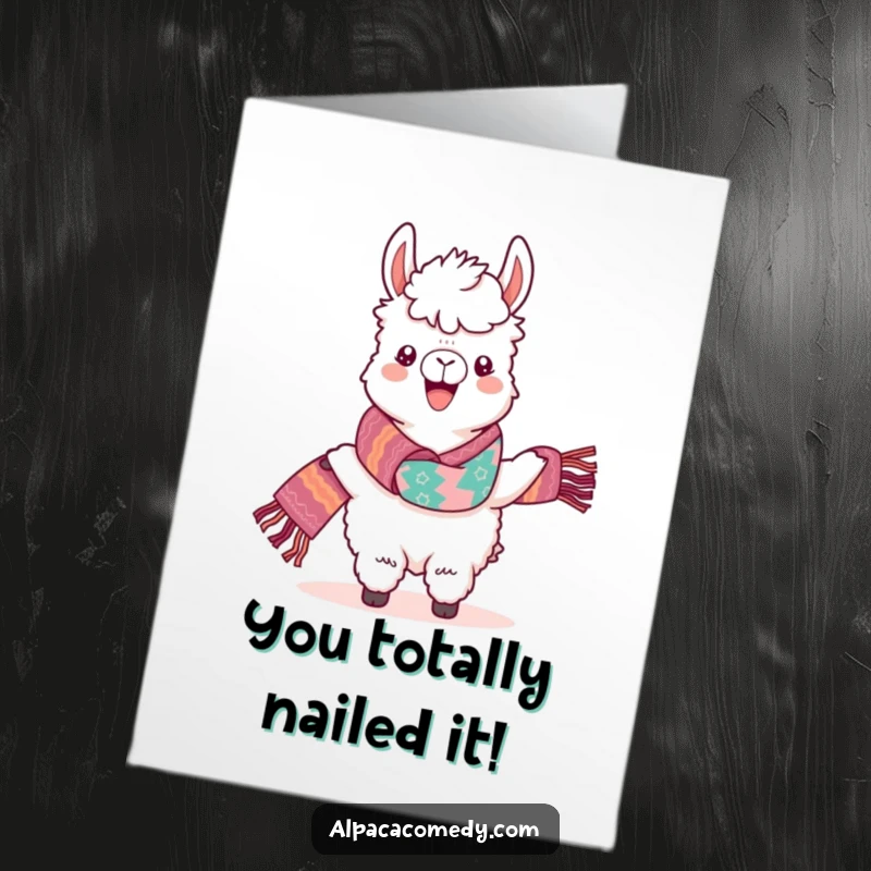 Funny Free Printable Congrats Card: Kawaii alpaca beaming with pride, showcasing a colorful woven scarf, celebrating success.