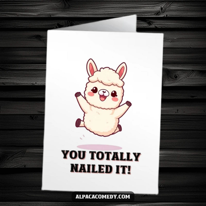 Funny Free Printable Congratulations Card of a kawaii alpaca leaping gleefully with its soft, woolly legs extended.