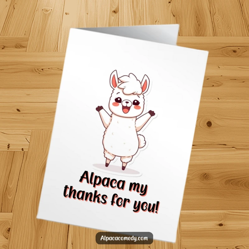 Funny Free Printable Thank You Card: Happy alpaca dancing with fluffy mane, expressing heartfelt gratitude with a big smile.