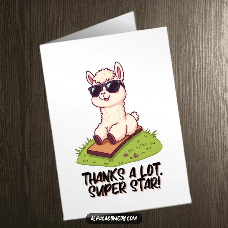 Funny Free Printable Alpaca Thank You Card: Alpaca wearing sunglasses sliding down a hill, offering thanks coolly, a downloadable gift.