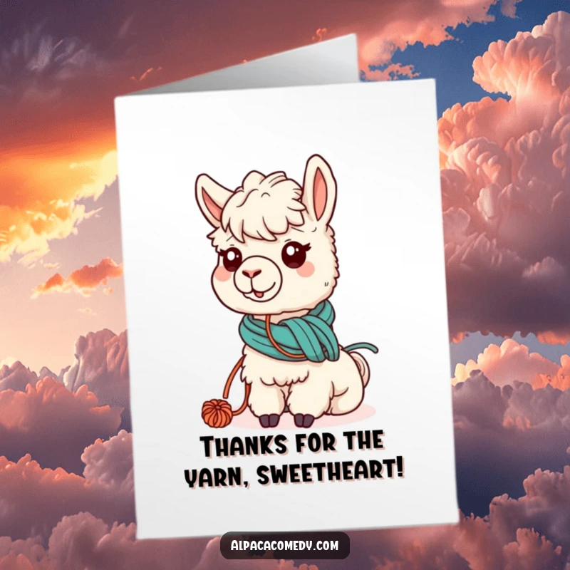 Funny Free Printable Alpaca Thank You Card: Kawaii alpaca with yarn around its neck grazing, expressing thanks warmly, a downloadable gift.