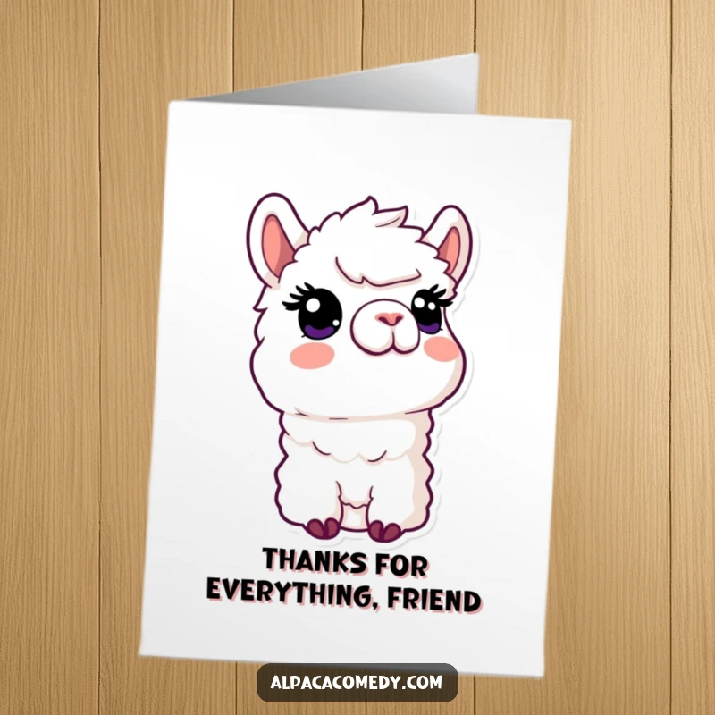 Funny Free Printable Thank You Card of a curious kawaii alpaca looking upwards with a sweet, inquisitive expression.