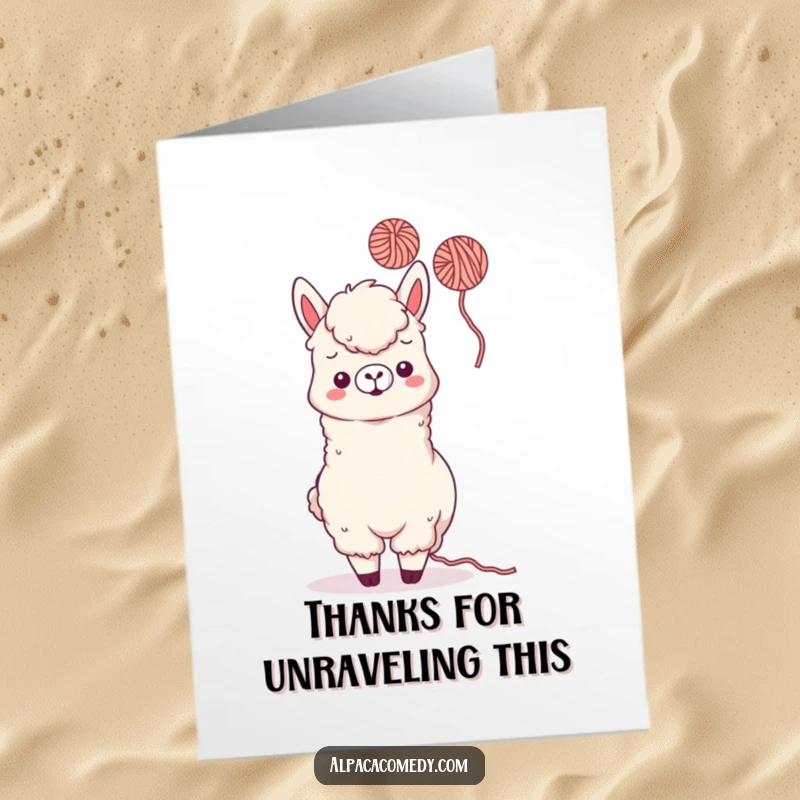 Funny Free Printable Thank You Card: Kawaii alpaca playfully tossing yarn in the air, expressing thanks, downloadable.