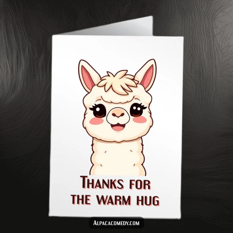 Funny Free Printable Thank You Card: Kawaii alpaca with a huge, welcoming smile and head tilt, expressing thanks, downloadable.
