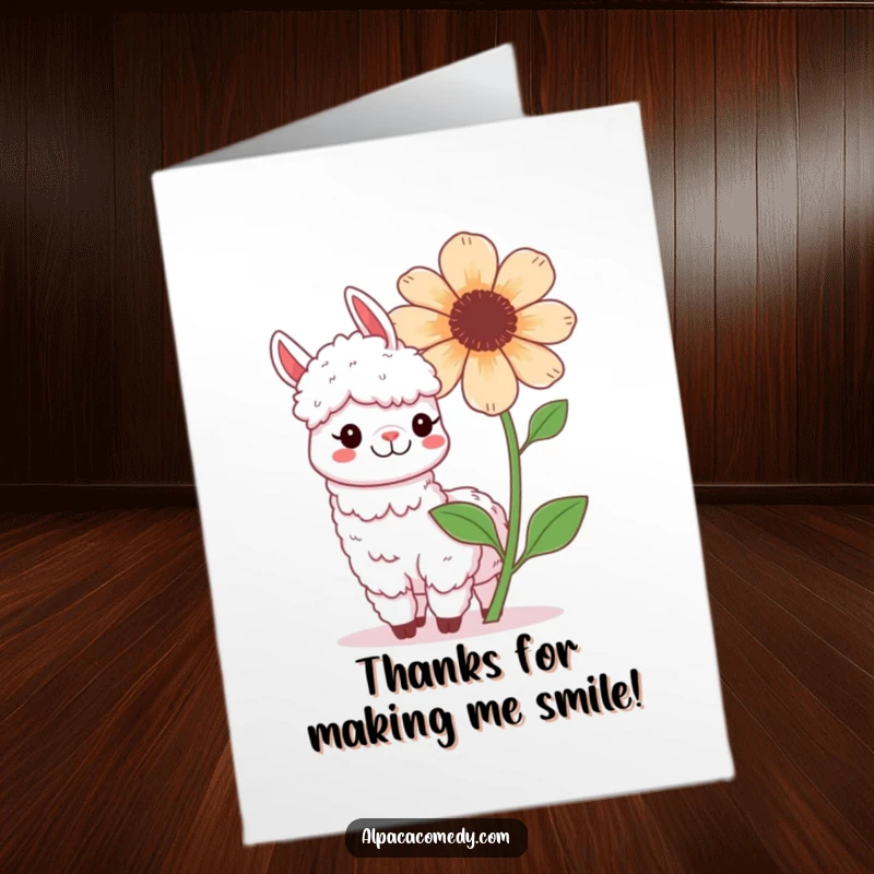 Funny Free Printable Thank You Card: A kawaii alpaca with a big grin poses playfully with a huge, gorgeous flower.
