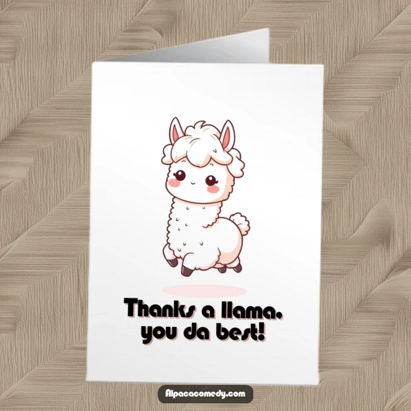 Funny Free Printable Thank You Card of a happy kawaii alpaca prancing with a fluffy mane, conveying heartfelt appreciation.