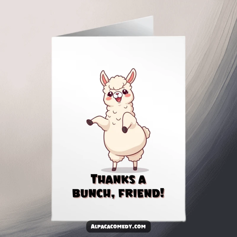 Funny Free Printable Thank You Card with a happy alpaca doing a cartwheel, expressing gratitude with movement.