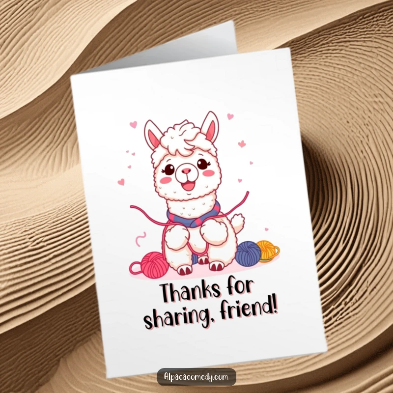 Free Printable Thank You Card: Kawaii alpaca with a warm, inviting smile, sharing bundles of colorful yarn with friends.