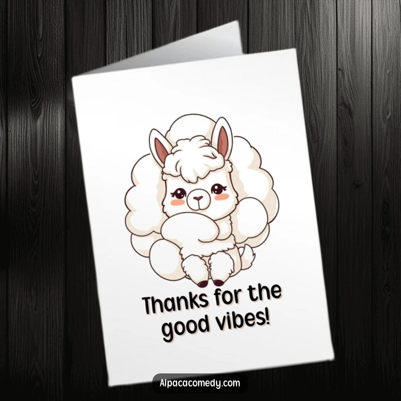 Free Printable Thank You Card: Kawaii alpaca with a curious, gentle expression nuzzling a massive, fluffy white cloud.