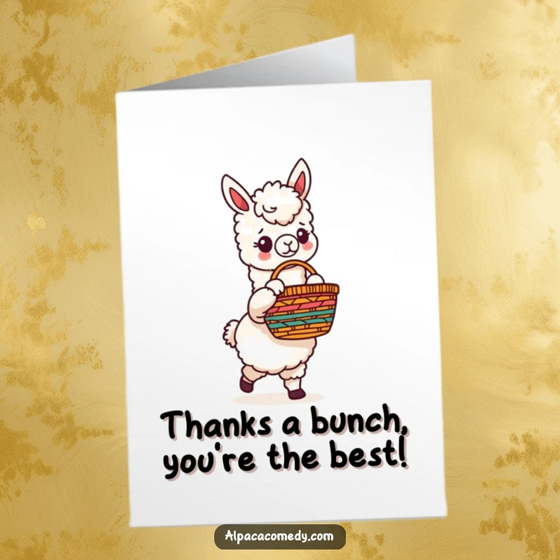 Funny Free Printable Alpaca Thank You Card: Whimsical alpaca with a basket, conveying thanks with a humorous touch, ready to print at home.